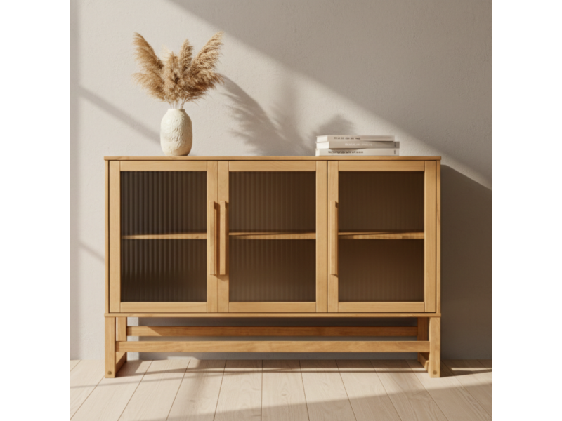 BALCÃO com vidro canelado em cera com toque acetinado natural DE MADEIRA MACIÇA com 3 PORTAS e prateleira interna / coleção Acapulco